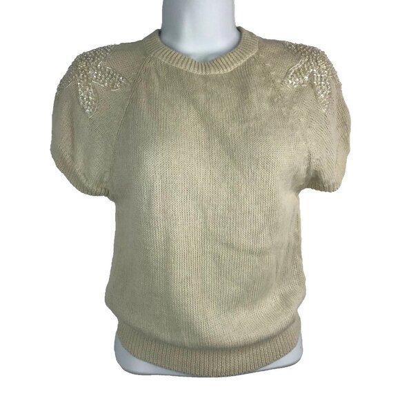 Vintage 80s The Italian Mob Floral Beaded Ivory Fuzzy Angora Blend Sweater - Picture 1 of 9